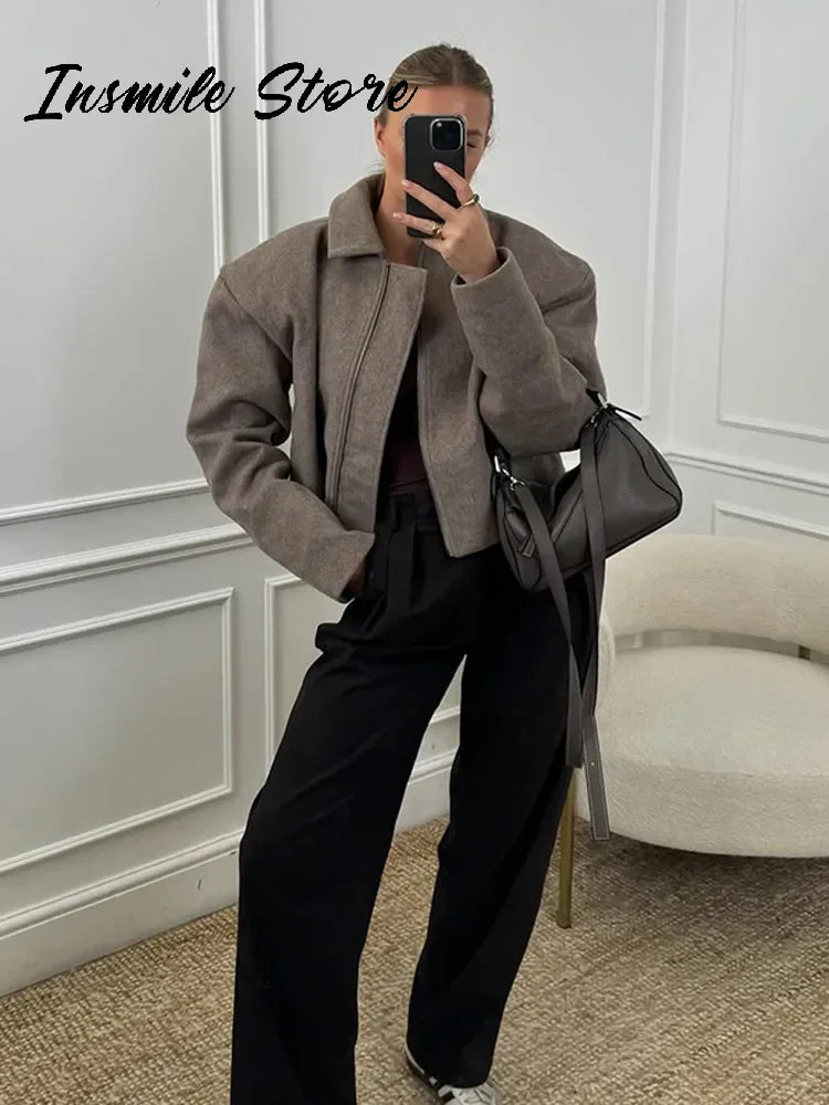 Kurze Jacke mit Reißverschluss und Kragen Damen Beige/Grau