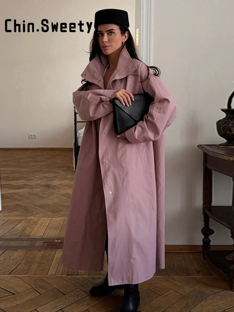 Damen Langer Mantel Übergangs Trenchcoat Stehkragen Weite Ärmel