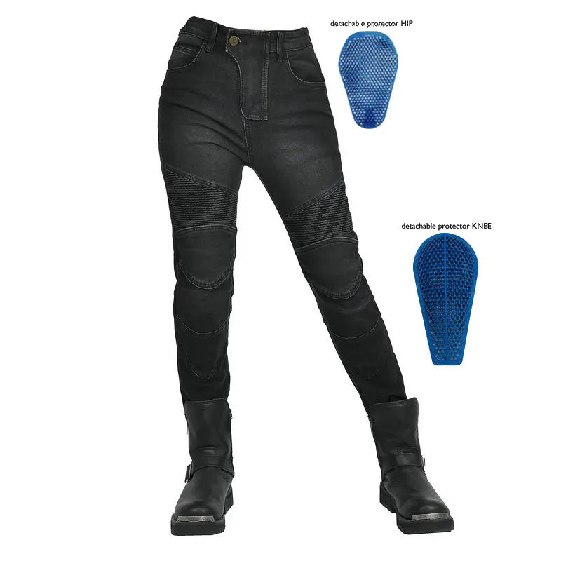 Motorjeans voor dames met protectoren, beschermpads, ribpatroon en slim fit