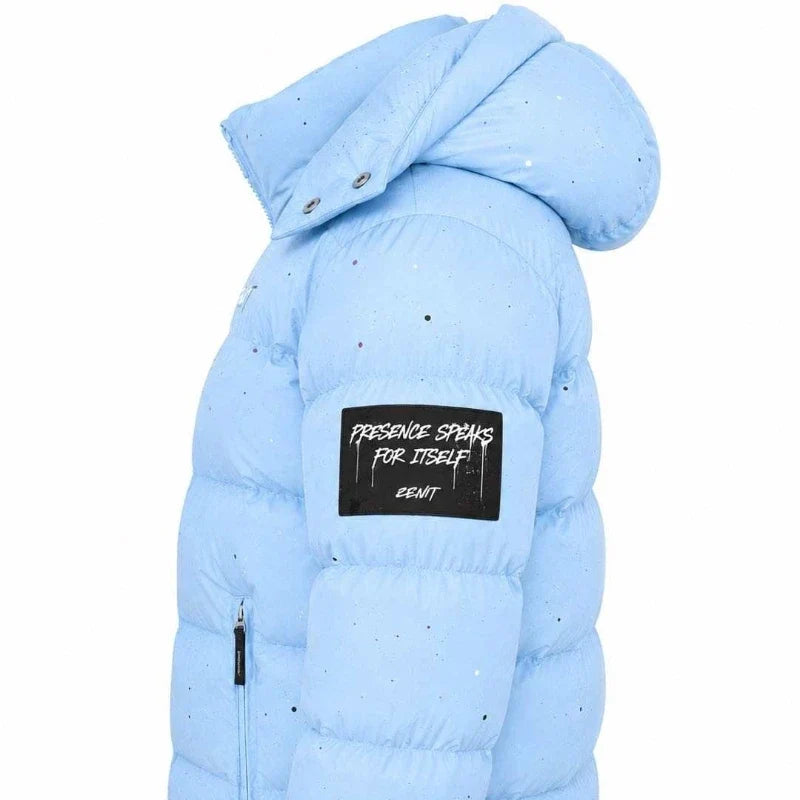 Gesteppte Winterjacke mit Kapuze für Herren, Hellblau mit Farbspritzern