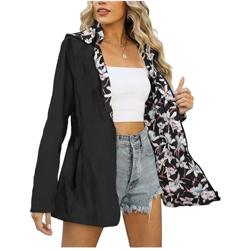 Damen Wendejacke mit Kapuze Blumenmuster Hellblau