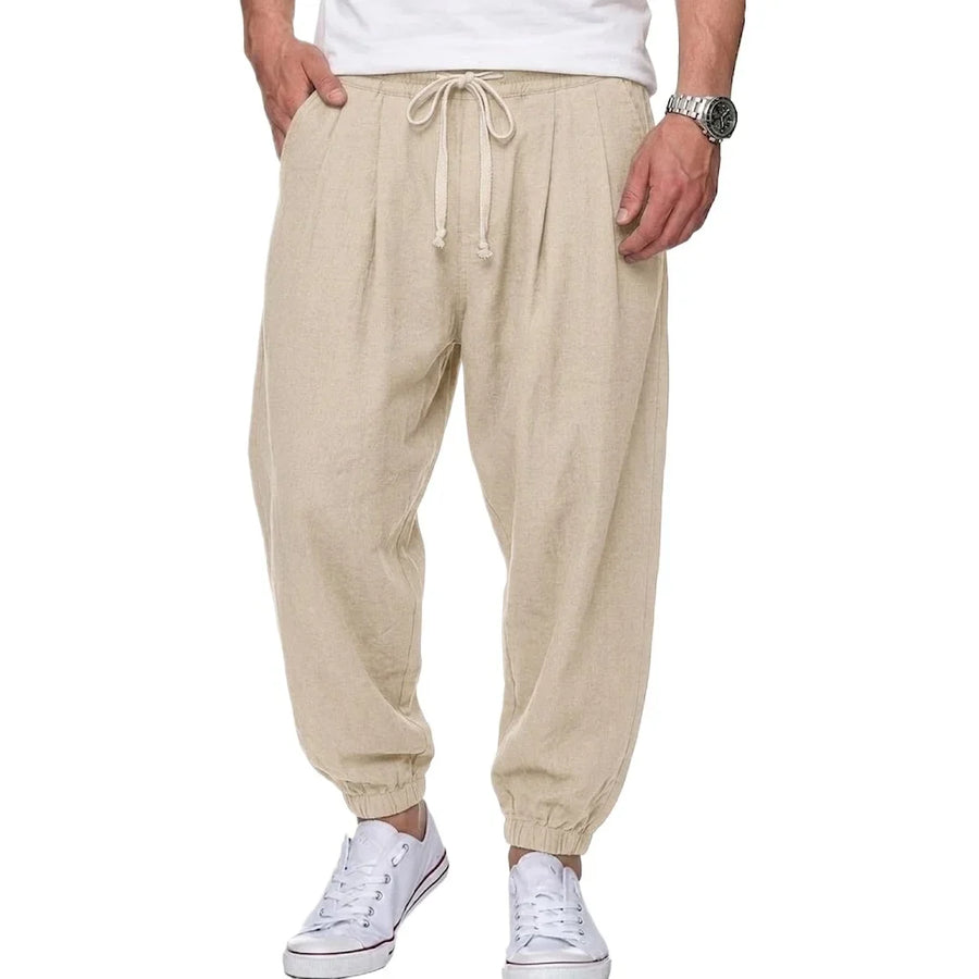 Vrijetijdsbroek voor heren in linnenlook, losse pasvorm, elastische tailleband