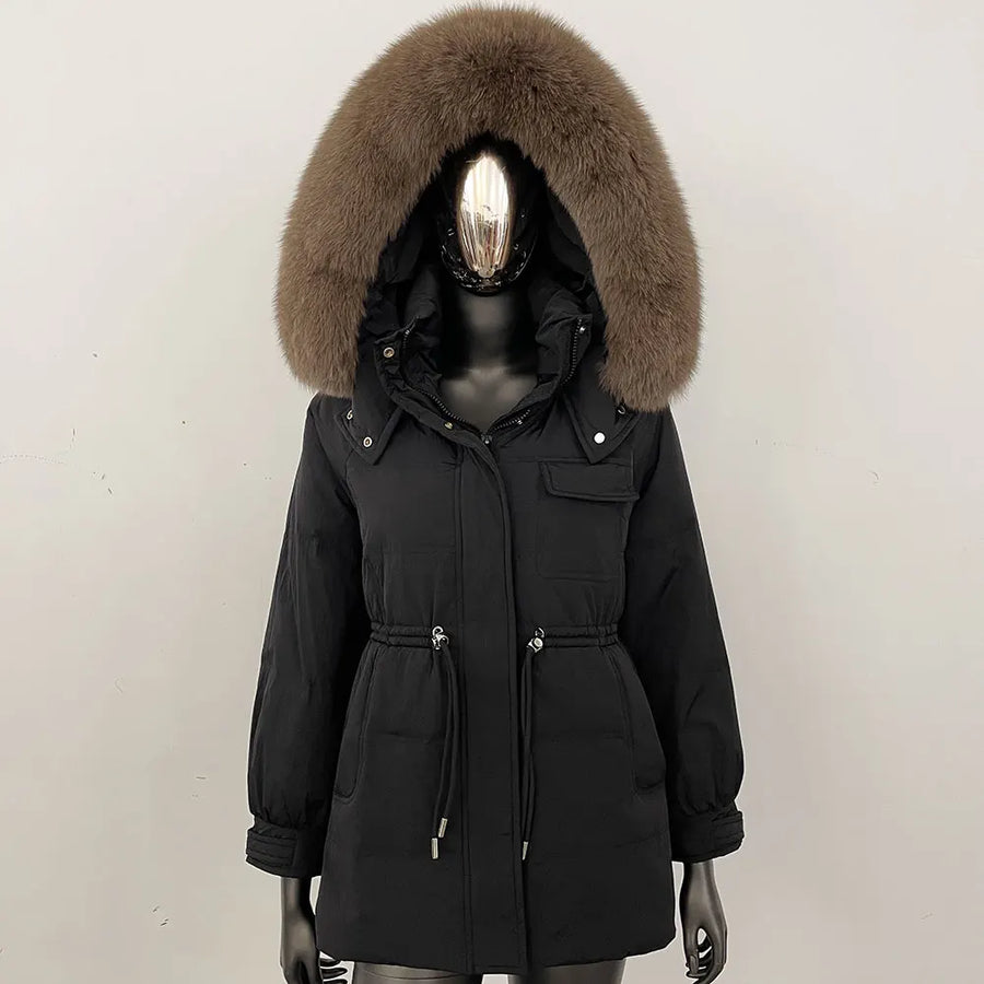 Damen Winterjacke Parka mit Kapuze Kunstfellbesatz Tunnelzug Creme