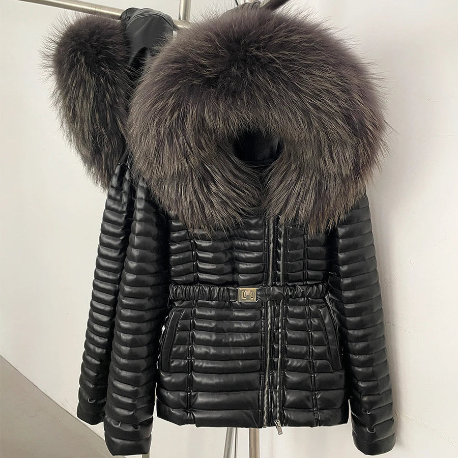 Damen Steppjacke Schwarz mit Pelzbesatz Kapuze Gürtel