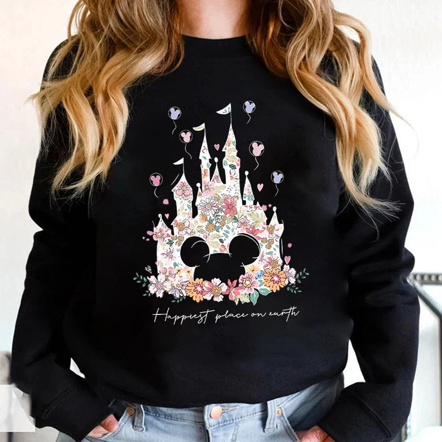 Damen Sweatshirt mit Rundhalsausschnitt und floralem Schloss-Print, Langarm
