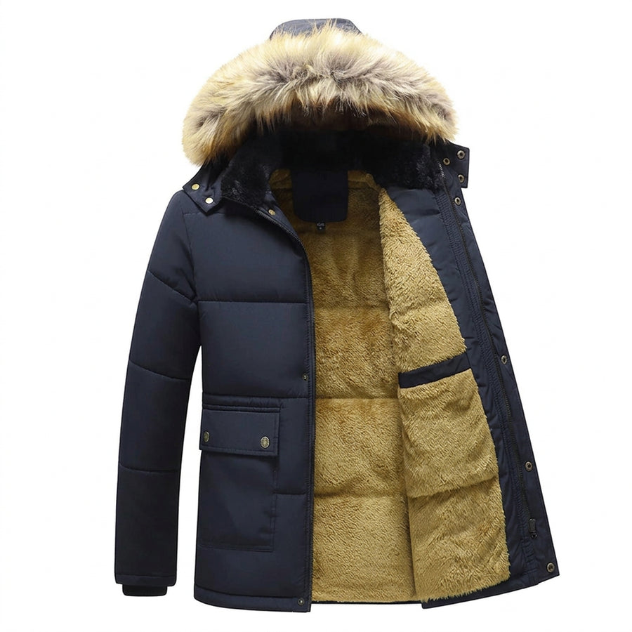 Winterjas voor heren met capuchon en imitatiebontafwerking, gevoerd