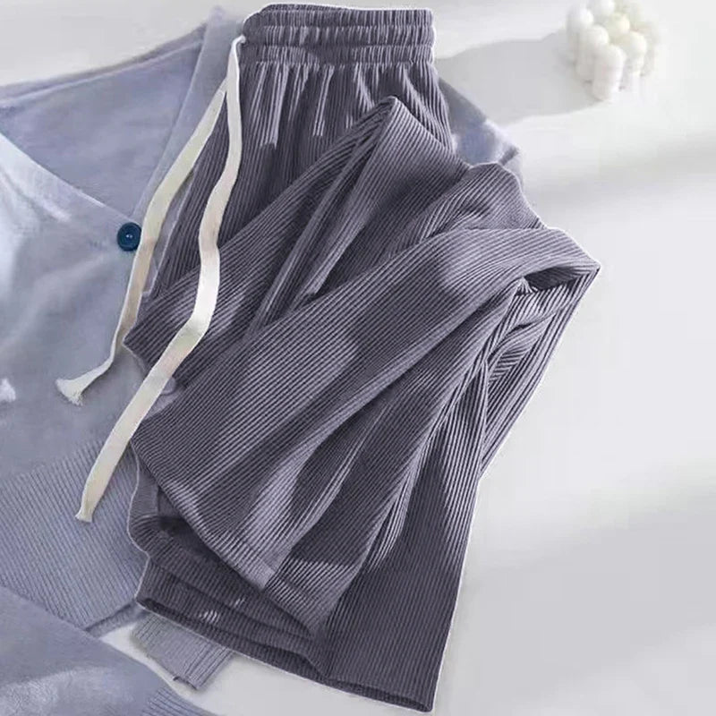 Geribde broek met wijde pijpen en trekkoord