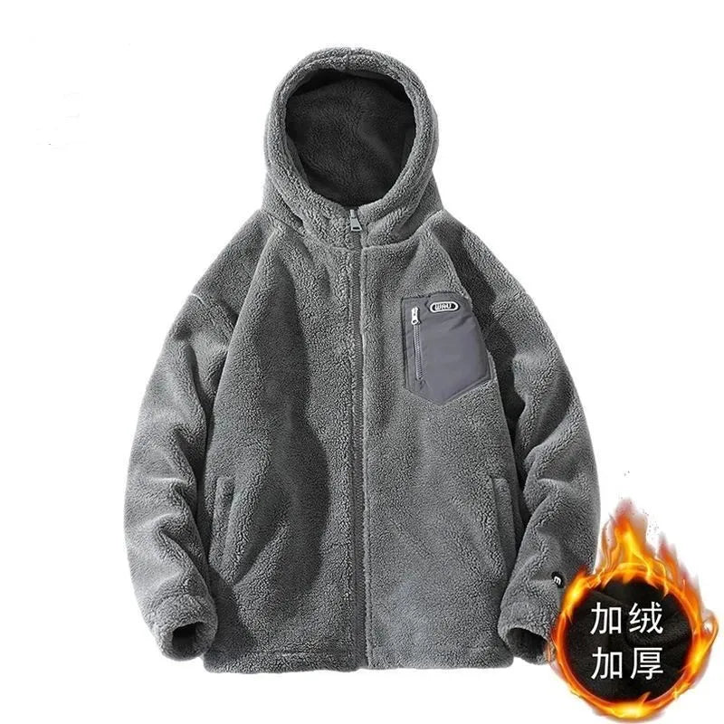 Unisex Teddyfleece Jacke mit Kapuze und Brusttasche Grau Reißverschluss