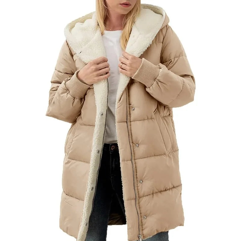 Damen Langer Steppmantel mit Kapuze und Teddyfutter, Winter Warme Jacke