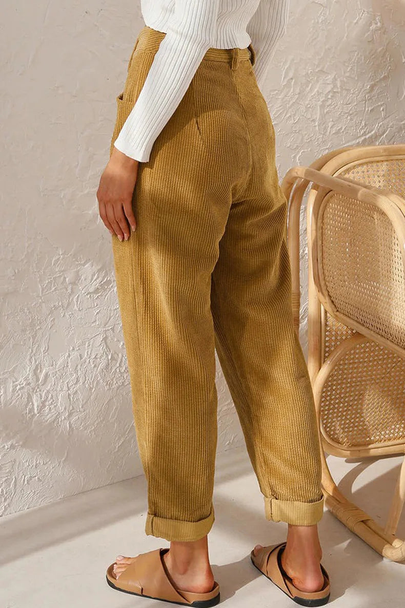 Damen Cordhose mit hoher Taille, weitem Bein und Falten, umgeschlagener Saum, Freizeit-Look