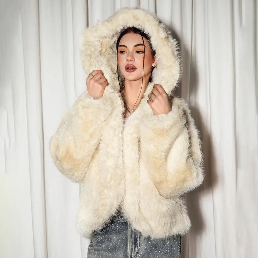 Damen Kunstfelljacke Cremeweiß Plüsch Kurz Jacke