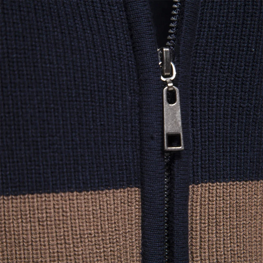 Herenvest met rits, opstaande kraag en kleurvlakken, marineblauw en bruin