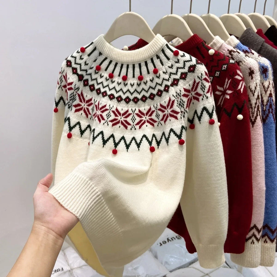 Dames gebreide pullover met Scandinavisch patroon, col en pompons, crème-wit