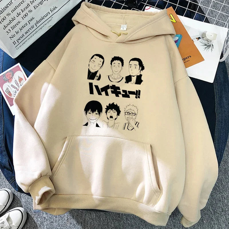 Hoodie met capuchon en anime-motief van de Karasuno Volleyball Club, beige