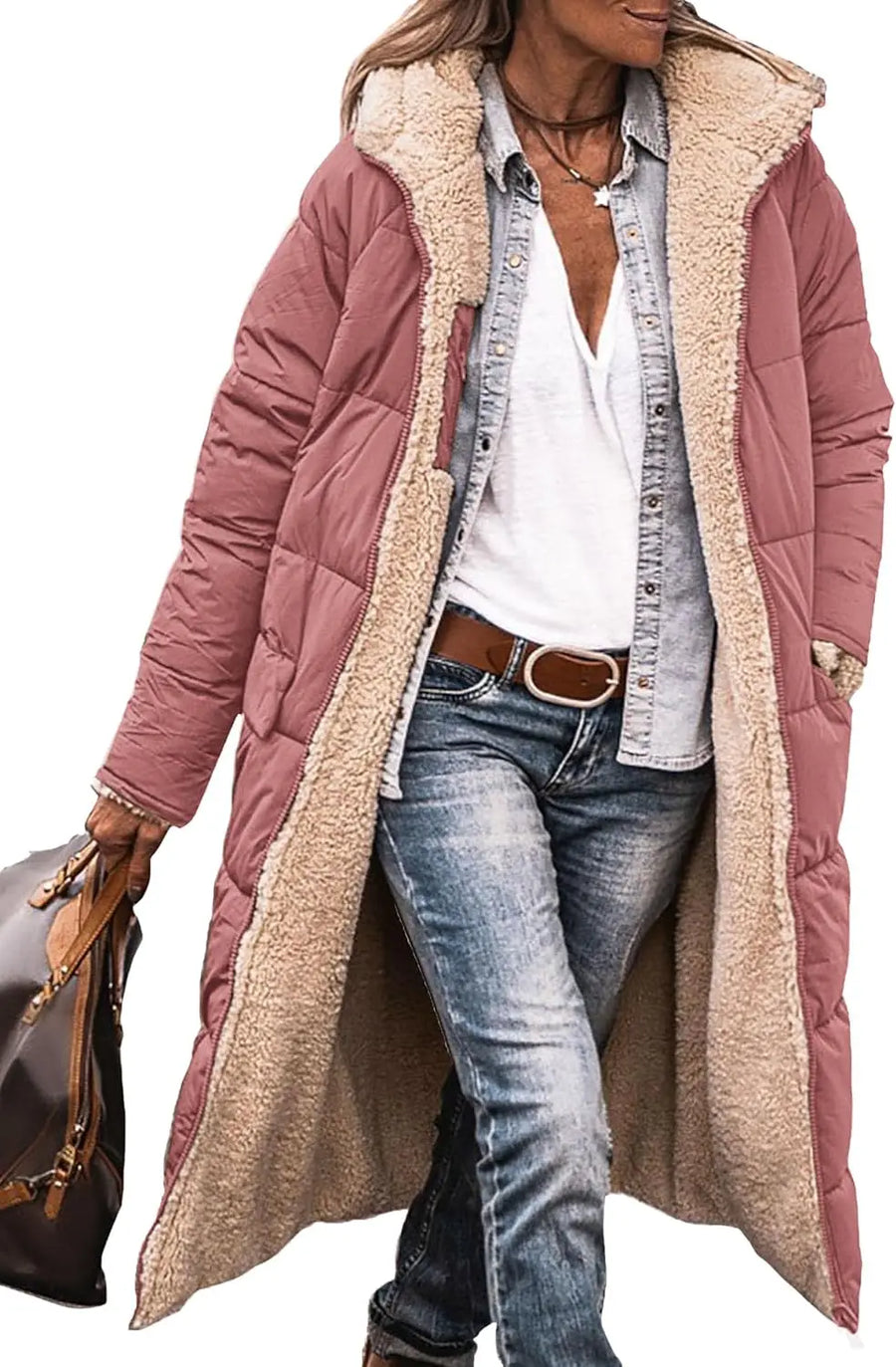 Damen Langer Steppmantel mit Teddyfutter & Kapuze