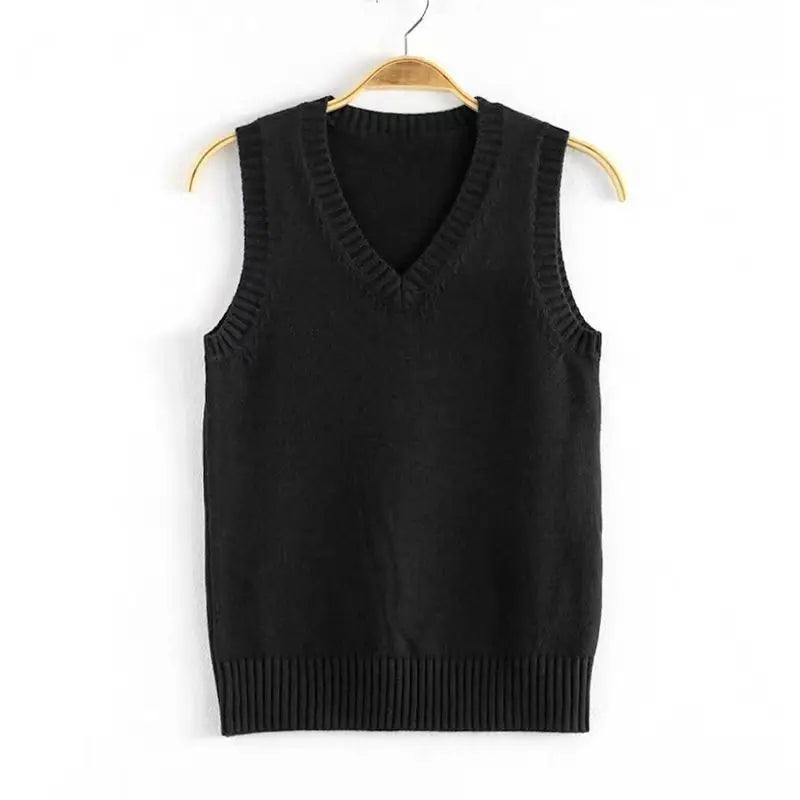 Unisex gebreid vest met V-hals - effen, zonder mouwen, met geribde zoom