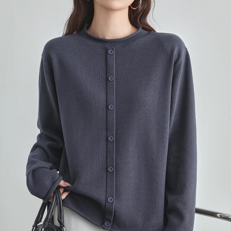 Damesvest met ronde hals en knoopsluiting, fijngebreid vest
