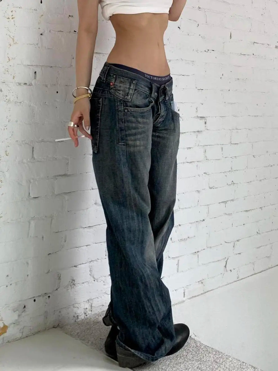 Baggy jeans voor dames met wijde pijpen, donkere wassing