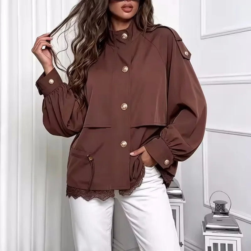 Damen Jacke Stehkragen Spitze Saum Kurz Bolero Optik