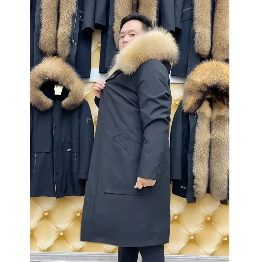 Herren Winterparka mit abnehmbarem Kunstfellfutter & Kapuzenbesatz Schwarz