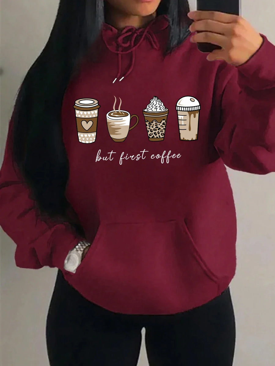 Dameshoodie met "But First Coffee"-opdruk en kangoeroezak