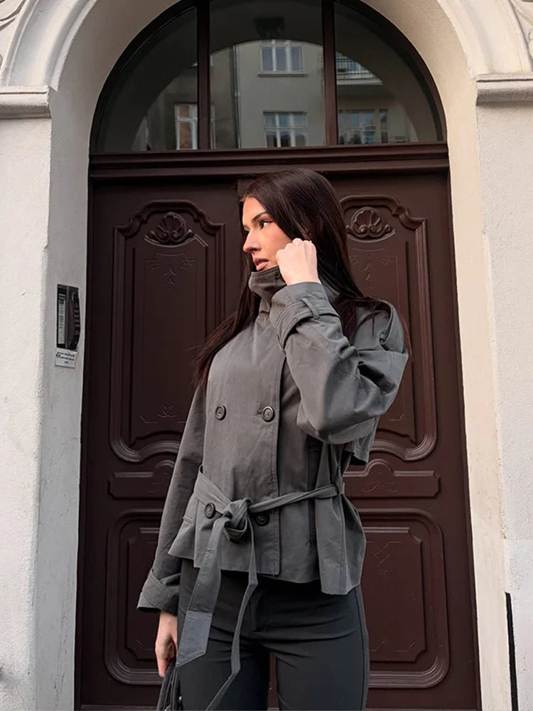 Damen Kurzjacke Stehkragen Gürtel Doppelreiher – Elegante Übergangsjacke