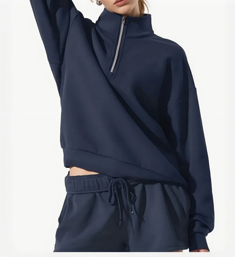 Damen Sweatshirt & Shorts Set Hellgrau mit Reißverschluss