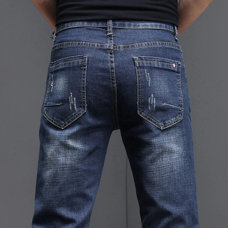 Herren Slim Fit Jeans Dunkelblau mit Destroyed-Effekten