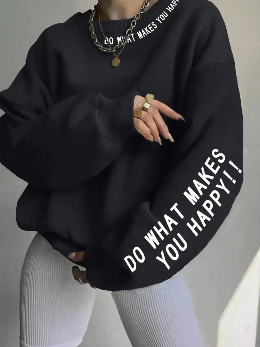 Damen Sweatshirt mit Spruch Print – Rundhals Langarm Oversized Pullover