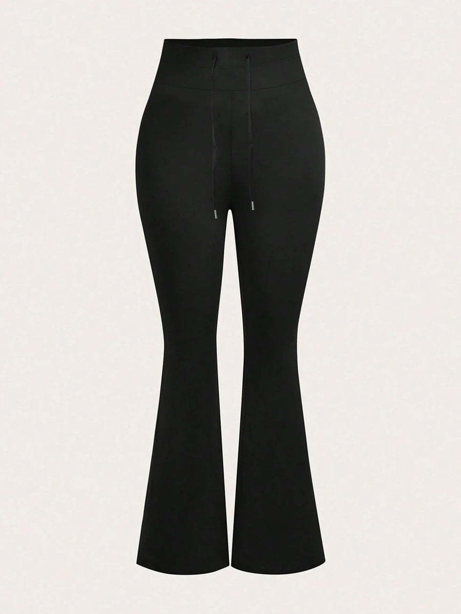 Zwarte damesflared broek met hoge taille en tunnelkoord