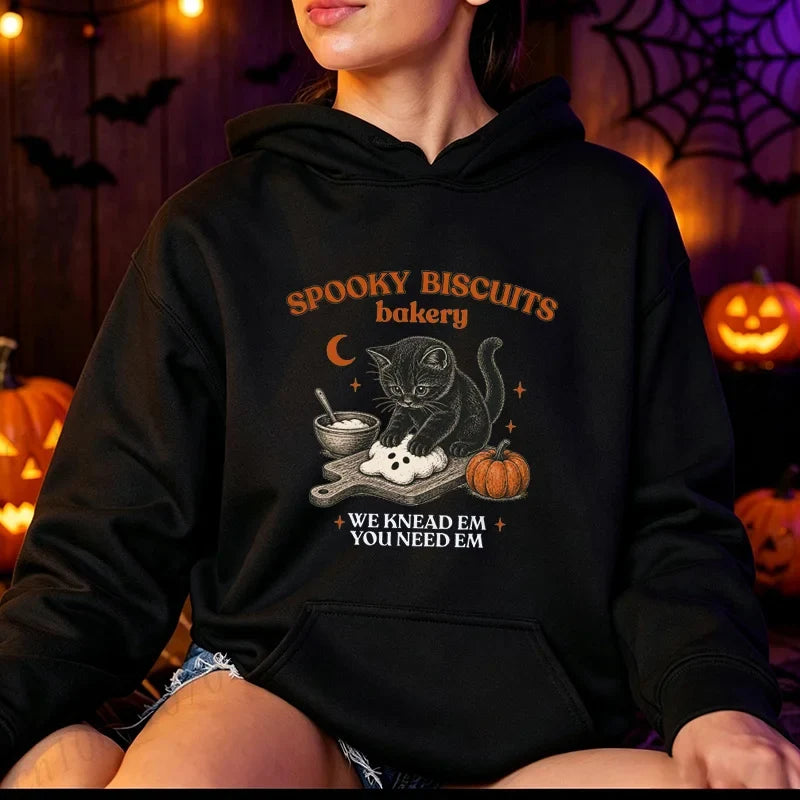 Hoodie met kattenmotief op de achterkant, "Spooky Biscuits Bakery"-print, sweatshirt met capuchon
