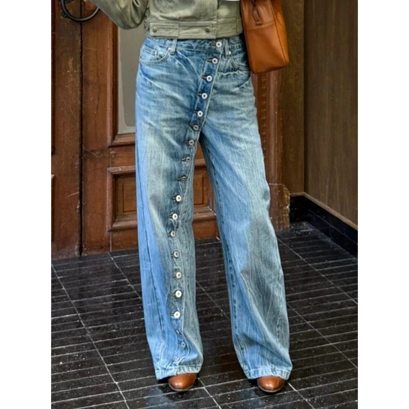 Loose Fit Jeans Damen Hellblau Weites Bein Knöpfe