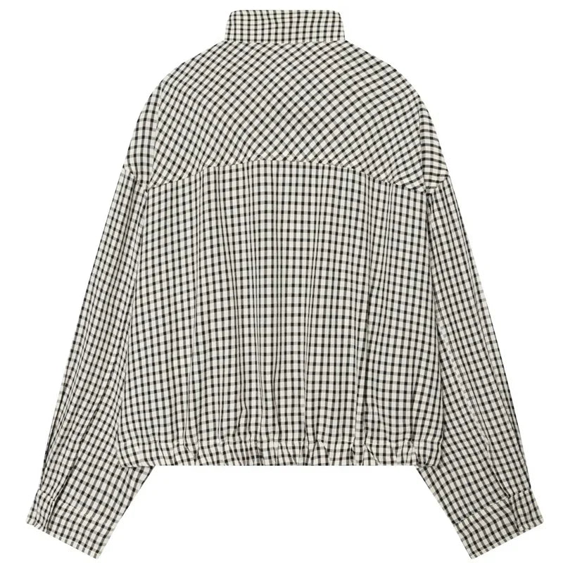 Damen Kariertes Hemd Kragen Langarm Locker Oversized Bluse