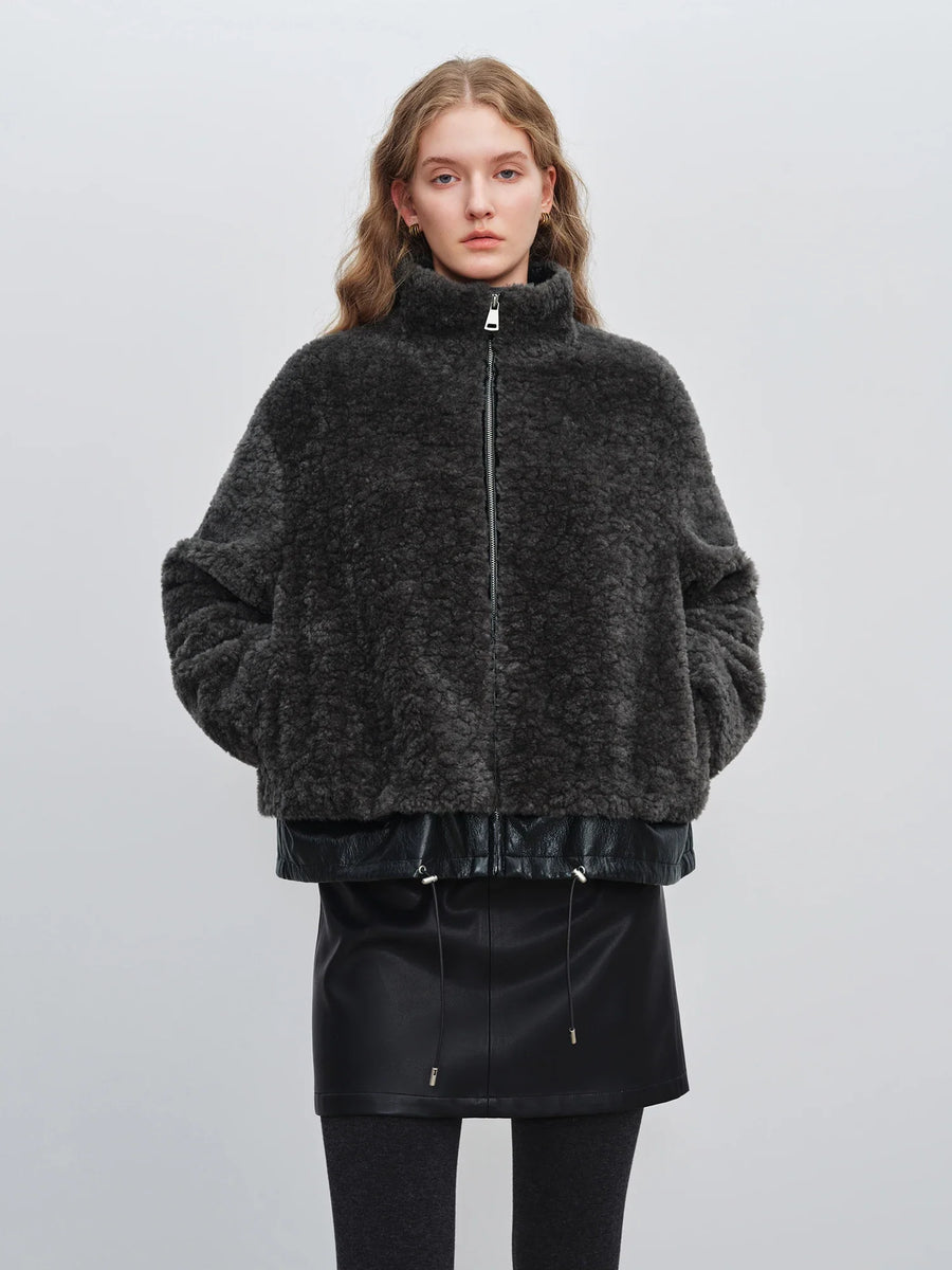 Kurze Damen Plüschjacke mit Reißverschluss und Stehkragen in Dunkelgrau