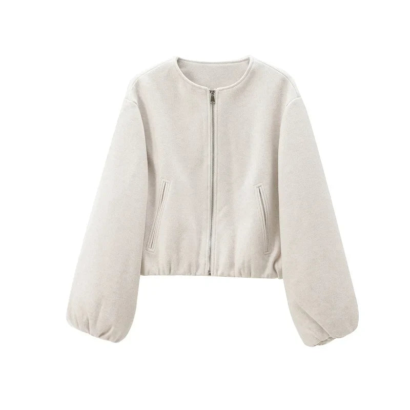 Damen Kurzjacke mit Reißverschluss, Rundhals und Ballonärmeln