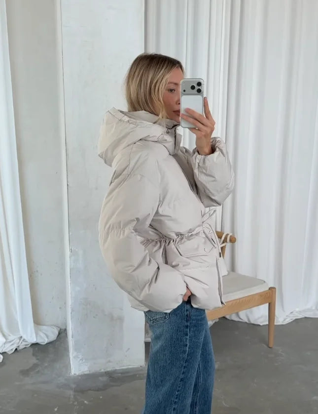 Damen Pufferjacke mit Kapuze und Taillenzugband