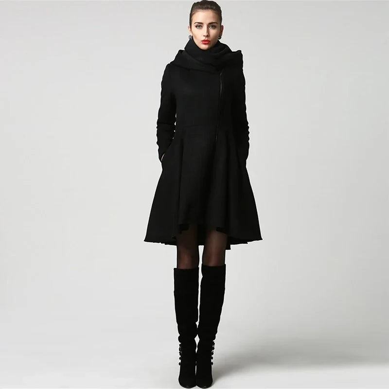 Damen Mantel Schwarz Glockenärmel Saum Asymmetrisch Stehkragen