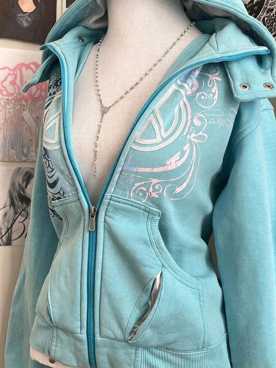 Unisex Kapuzenpullover mit Reißverschluss, türkis, grafisches Muster