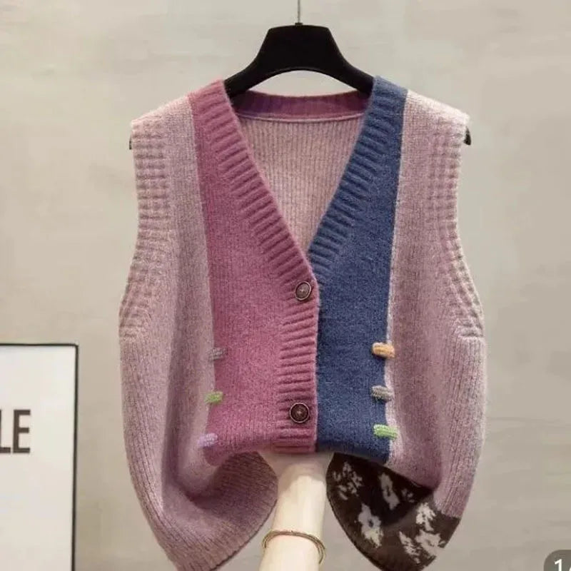 Gebreid damesvest met V-hals, mouwloos en color-block