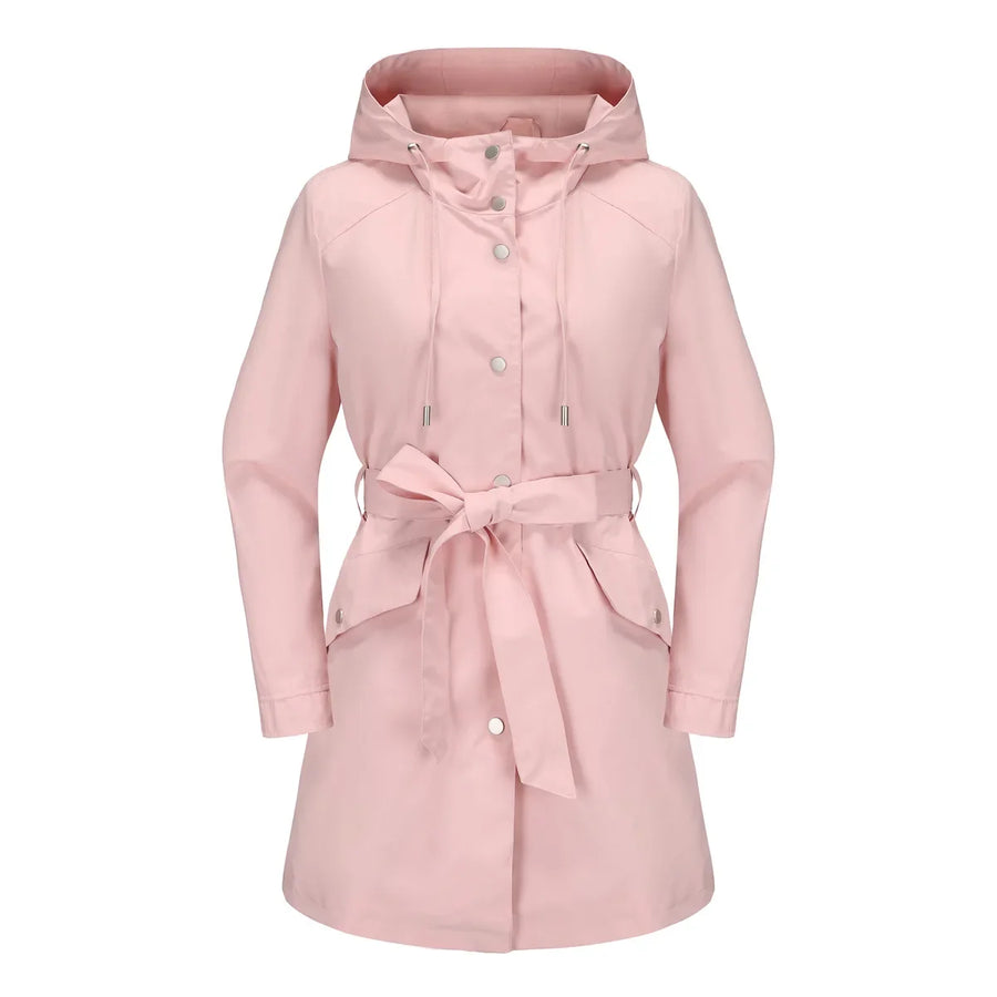 Damen Regenjacke mit Kapuze und Bindegürtel, Beige