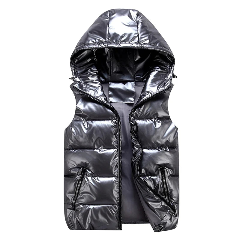 Unisex Steppweste mit Kapuze Glänzend Reißverschluss Daunenlook Freizeit Outdoor