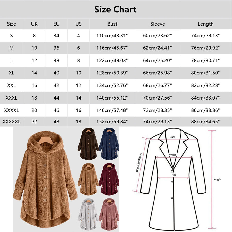 Damen Teddy-Fleece Jacke mit Kapuze und Knöpfen