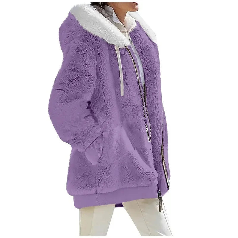 Teddy-Fleece Jacke mit Kapuze und Reißverschluss, flauschig warm