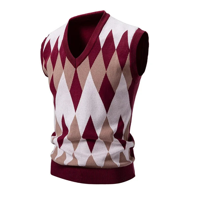 Heren Argyle-tricotvest met V-hals, mouwloze pullover