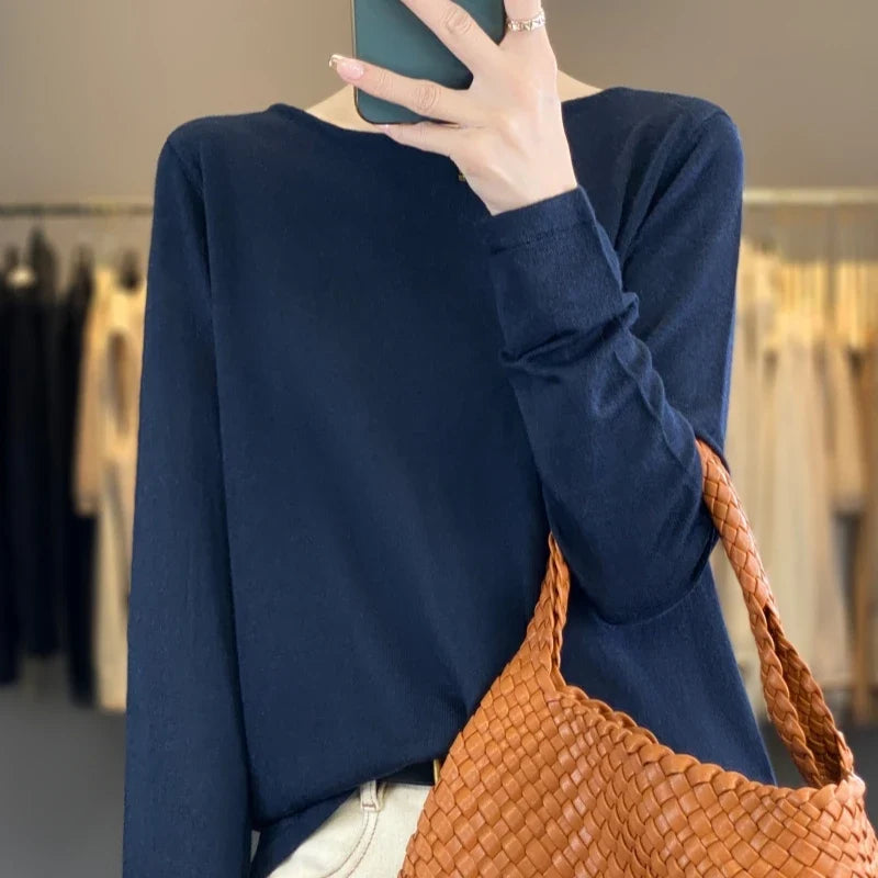 Dames shirt met lange mouwen, gebreide look en wijde halslijn
