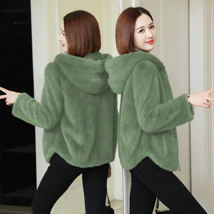Damen Kurzjacke Kapuzenjacke Plüsch Teddy-Look mit Reißverschluss