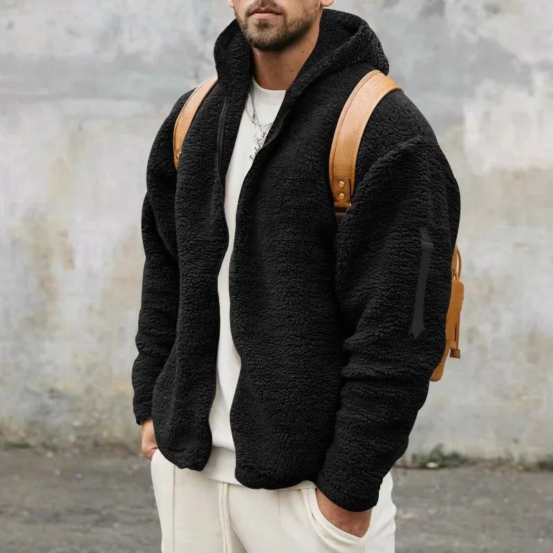 Teddy-Fleece Kapuzenjacke Herren mit Reißverschluss und Seitentaschen - Kuschelig Warm