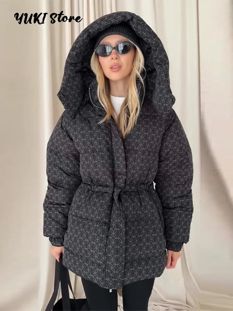 Damen Winter Steppjacke mit Kapuze und Kordelzug