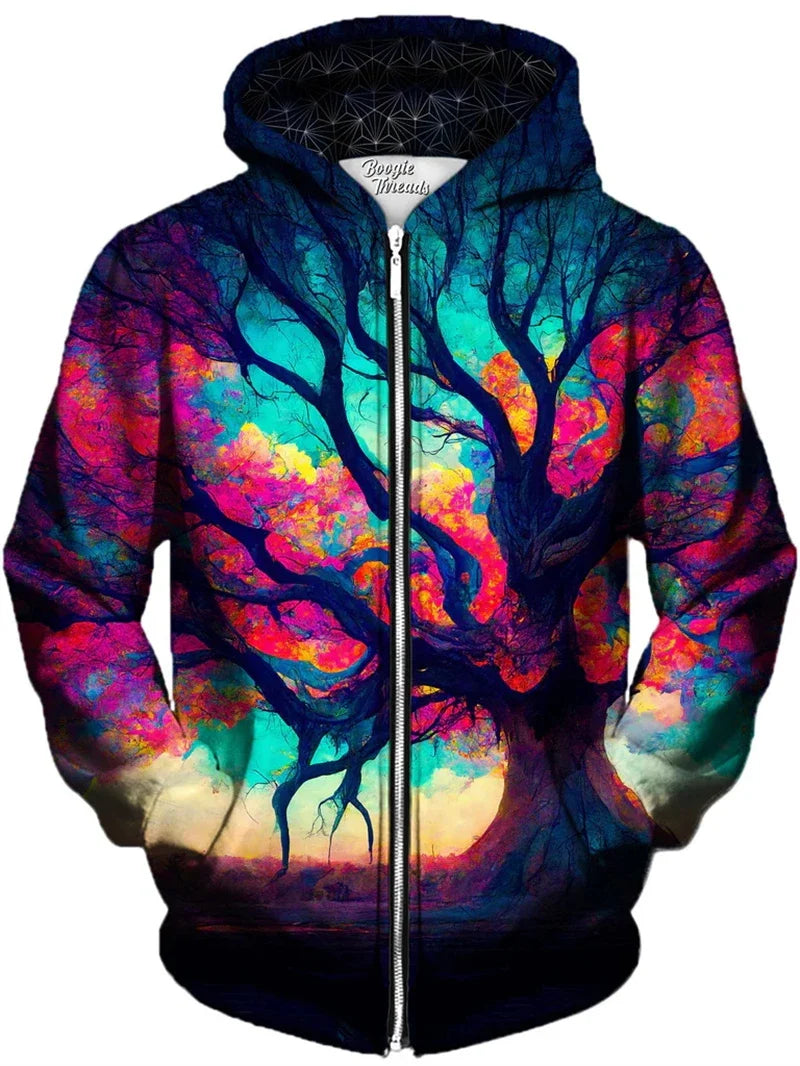 Unisex hoodie met rits en kleurrijke boomgrafiek