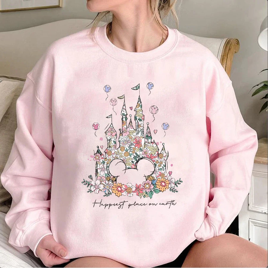 Damen Sweatshirt mit Rundhalsausschnitt und floralem Schloss-Print, Langarm